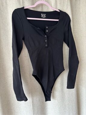 Black Long Sleeve Henley Bodysuit - Unbranded